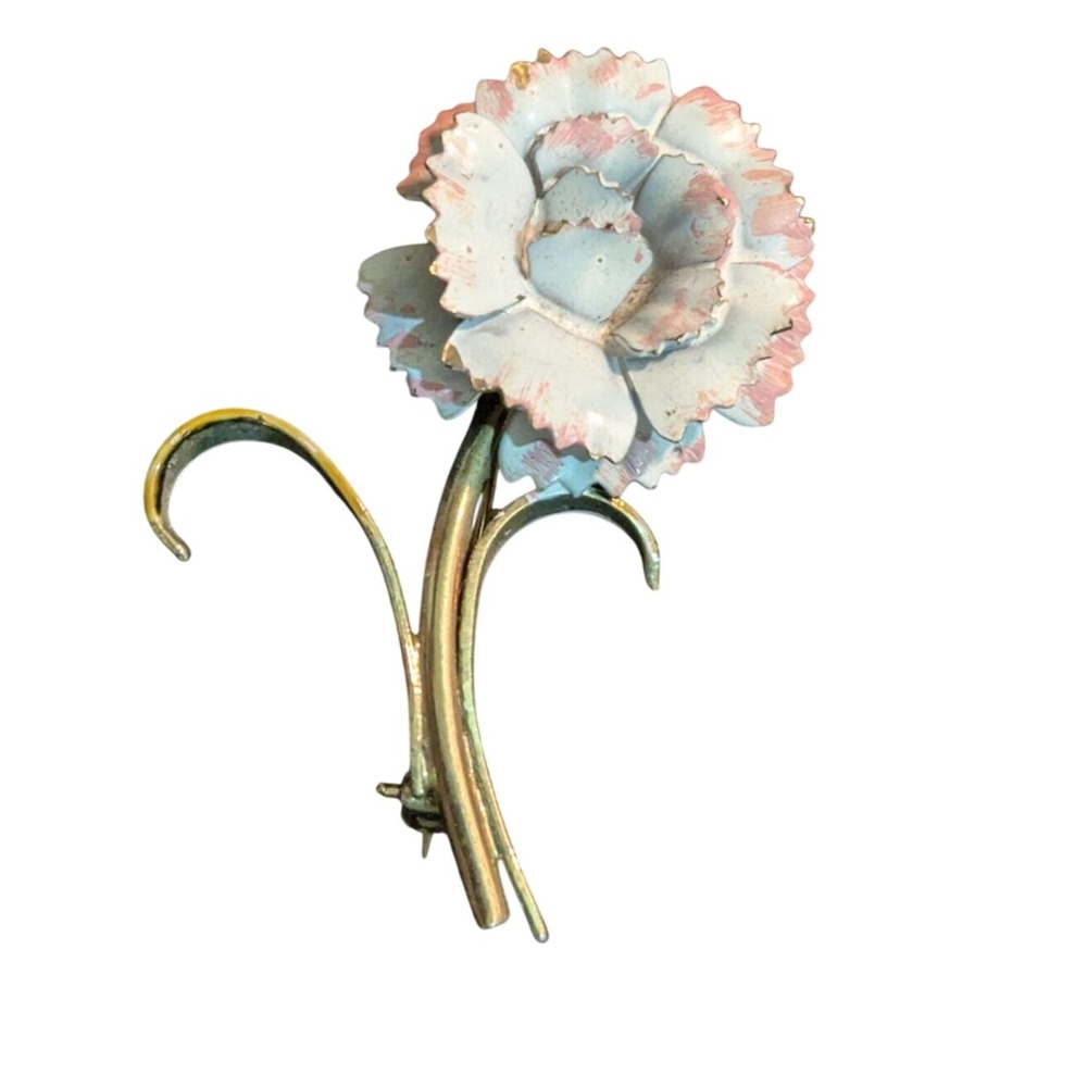 Vintage Enamel Flower Pin Brooch Retro Carnation Design Blue & Pink on Gold-Tone